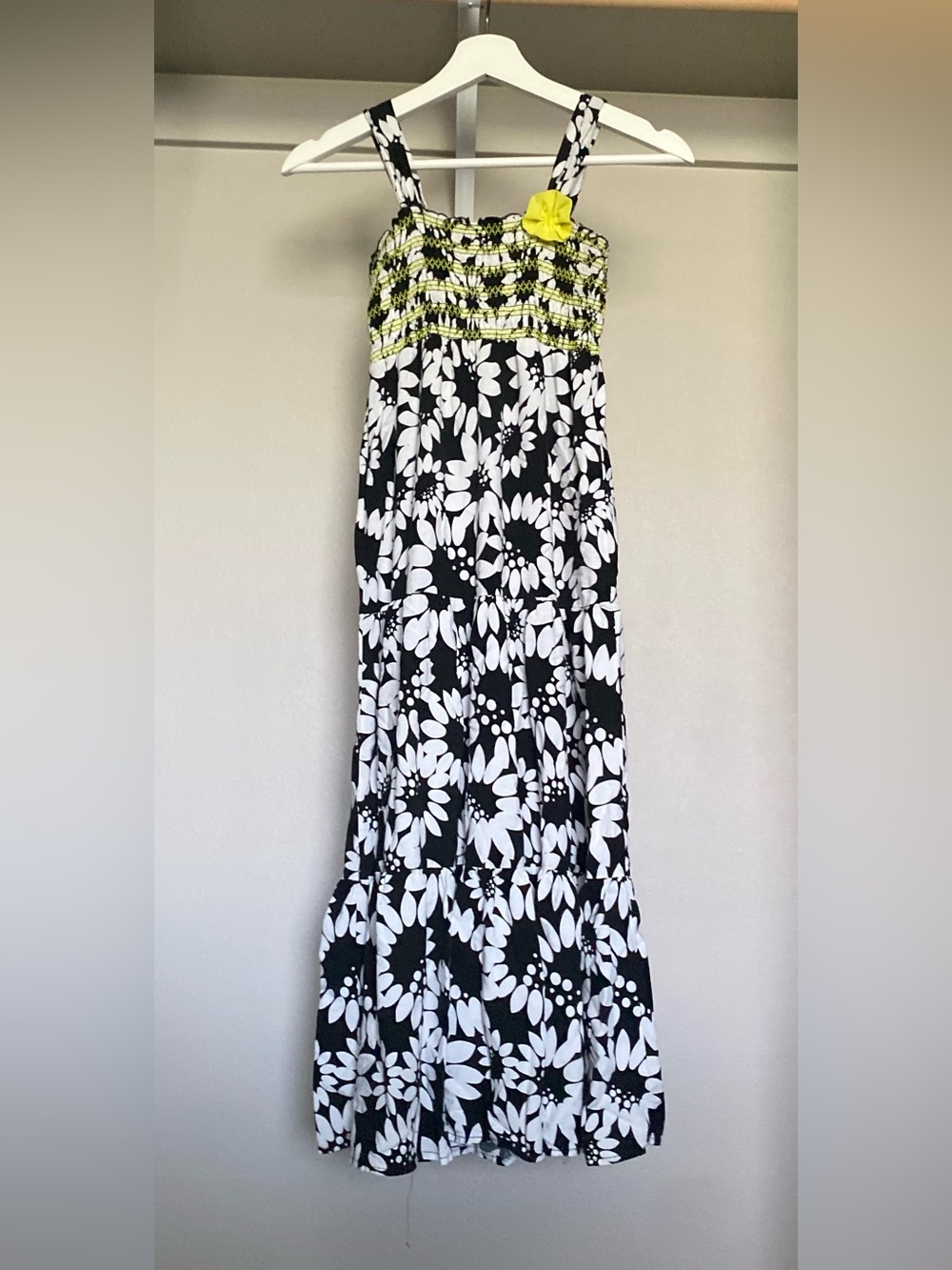 Black & White Floral Maxi Dress with Yellow Smocked Bodice for Girls